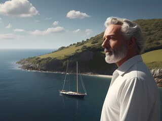 A man in white clothes on a small island. a yacht is sailing by.