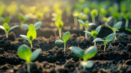 Vibrant Sprouts Emerging from Soil at Sunrise in a Garden