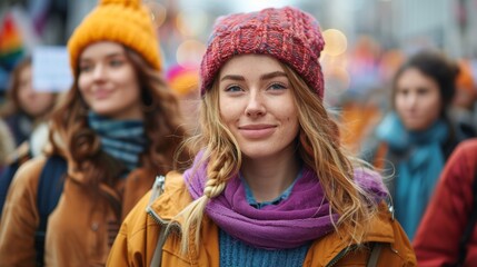 Fototapeta premium A woman wearing a colorful hat and scarf in the crowd, AI