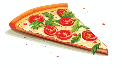 Slice of delicious pizza with tomato and arugula on