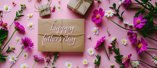 Happy Father's Day message on pink background surrounded by colorful flowers and gifts. Father's Day celebration concept. Flat lay composition with copy space.
