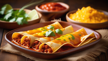 Mexican food. Traditional enchilada dish with meat, vegetables, corn, beans, tomato sauce and...