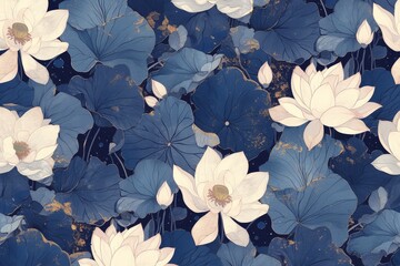 Serene lotus flowers floating gracefully on calm waters, forming a seamless motif