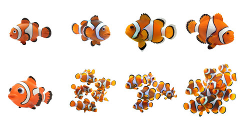 Set of Nemo clownfish png mockup in 3d without backoground for decoration.