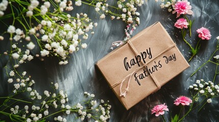 Happy Father's Day written on brown package surrounded by flowers and baby's breath on dark background. Father's Day celebration concept. Design for greeting card