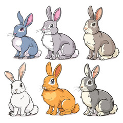 Six cartoon rabbits various colors poses. Illustration cute bunnies, colorful characters drawing. Cartoon rabbits collection, animal clipart