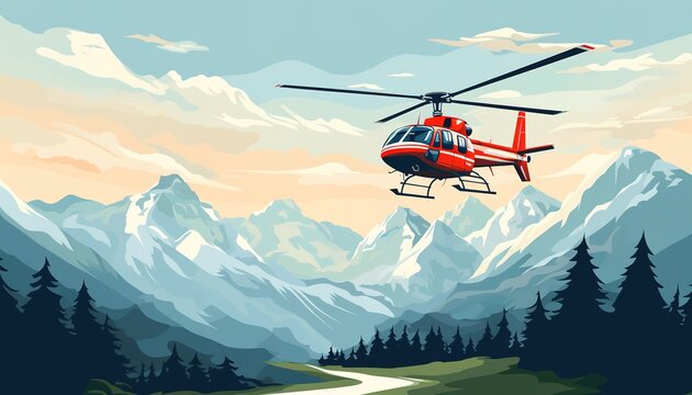 An accident victim transportation. Ski resort rescuer team. Finding people operation. Helicopter evacuating a person in a rescue sled. Flat illustration