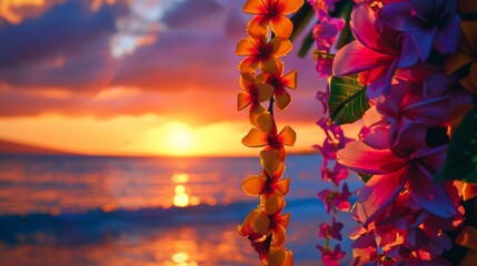 Tropical sunset with vibrant floral lei - Powered by Adobe