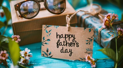 Happy Father's Day tag on gift with sunglasses and flowers on blue wood background. Father's Day celebration concept. Design for greeting card, poster.