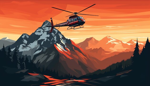 An accident victim transportation. Ski resort rescuer team. Finding people operation. Helicopter evacuating a person in a rescue sled. Flat illustration