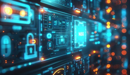 Fototapeta premium A technology-themed background with some abstract images lit in bright blue. A digital storage themed background.