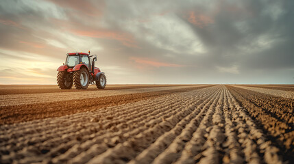 Obraz premium Agricultural Tractor Tilling the Soil at Sunset on Rural Farmland