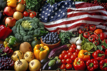 Abundant Fruits and Vegetables With American Flag Background. Generative AI