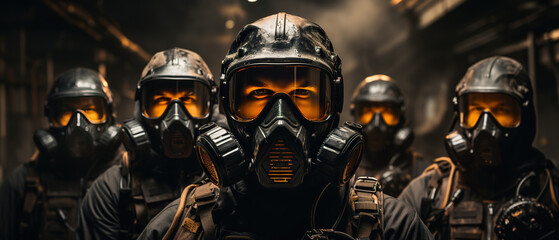 Group of Men in Gas Masks in a Dark Room. AI Generated Image