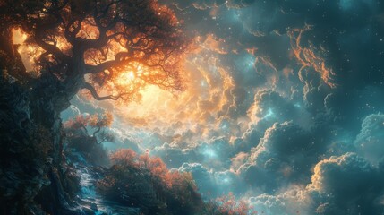 Fototapeta premium A surreal illustration of the minds landscape transforming under the influence of Valerian and Psilocybin depicting a journey from a dark