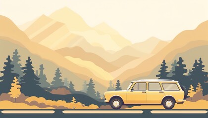 summer Autumn landscape background illustration yellow car trip travel road vacation camping tree forest mountains tourism sightseeing family trip flat illustration