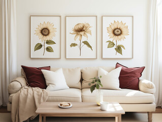 Modern bright living room interior with sofa, chairs, a table. Mockup. Mock up. Elegant botanical prints capturing the beauty of the sunflower plant, Minimalistic, Large flowers