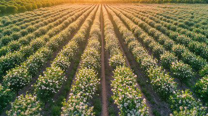 Sunlit Flowering Potato Field at Sunset Agriculture Scenery