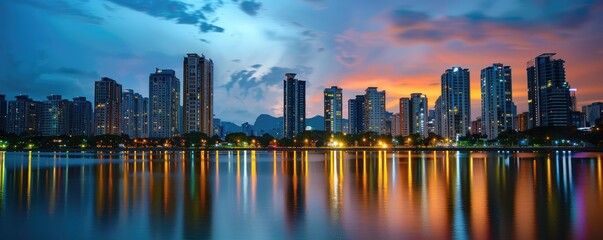 A night view od the cityscape many build with reflection in water.