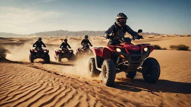 People on ATVs ride through the sunny desert
