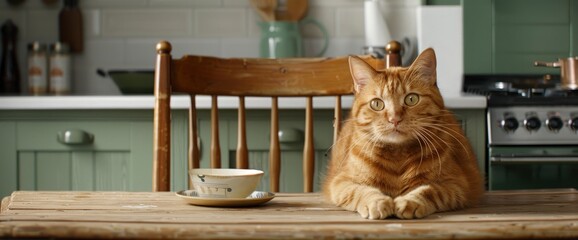 A Funny Scottish Fold Lop-Eared Cat Sits On A Chair At The Kitchen Table, Adding A Touch Of Whimsy To The Daily Routine With Its Charming Presence, High quality photography	