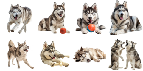 Siberian husky dog group png transparent with no background for sample presentation.