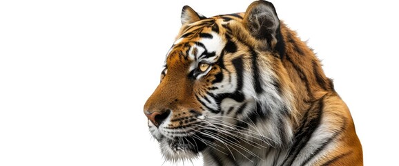 Obraz premium A Royal Tiger Isolated On A White Background Stares Intensely, Symbolizing The Majesty And Power Of Wildlife Conservation Efforts, High quality photography 