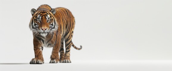 Obraz premium A Royal Tiger Isolated On A White Background Stares Intensely, Symbolizing The Majesty And Power Of Wildlife Conservation Efforts, High quality photography 