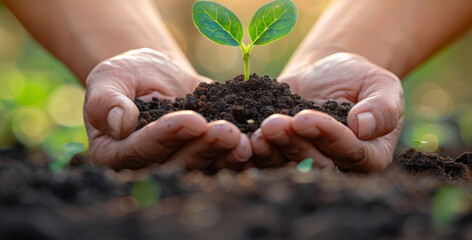 Seedling, grow and plant in earth, hands and future of environment, farmer and outdoor in soil of garden. Agriculture, dirt and volunteer with care for sustainability, eco friendly and project