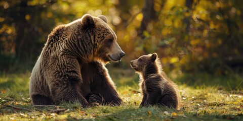 Obraz premium A nice male brown bear with cutie cub bear in the forest.