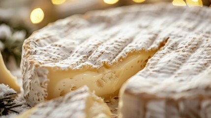 Soft French Camembert cheese from Normandy with white mold close up view