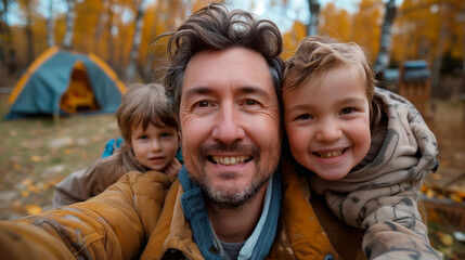 Fototapeta premium Joyful Middle-aged Father Bonding with his Children Captures Heartfelt Family Moment in Backyard Selfie Session