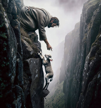 Jesus rescues lamb from cliff
