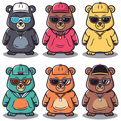 Six bears dressed urban street style, bear sporting different colored hoodie cap. Bears wearing sunglasses, necklaces caps, cartoon hip hop fashion, vibrant colors. Animated dressed trendy outfits