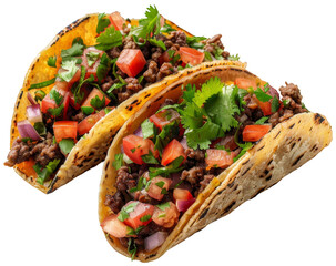 two tacos with meat and vegetables on a white surface, transparent background png