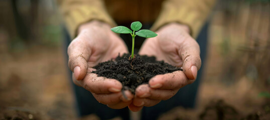 Seedling, grow and plant in nature, hands and future of environment, farmer and outdoor in soil of garden. Agriculture, dirt and person with care for sustainability, eco friendly and project