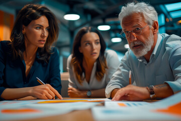 Middle aged Business Team Colleagues Discussing Strategy in a Collaborative session in Modern Office Environment.