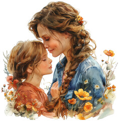 a woman and a child with flowers in the background, transparent background png