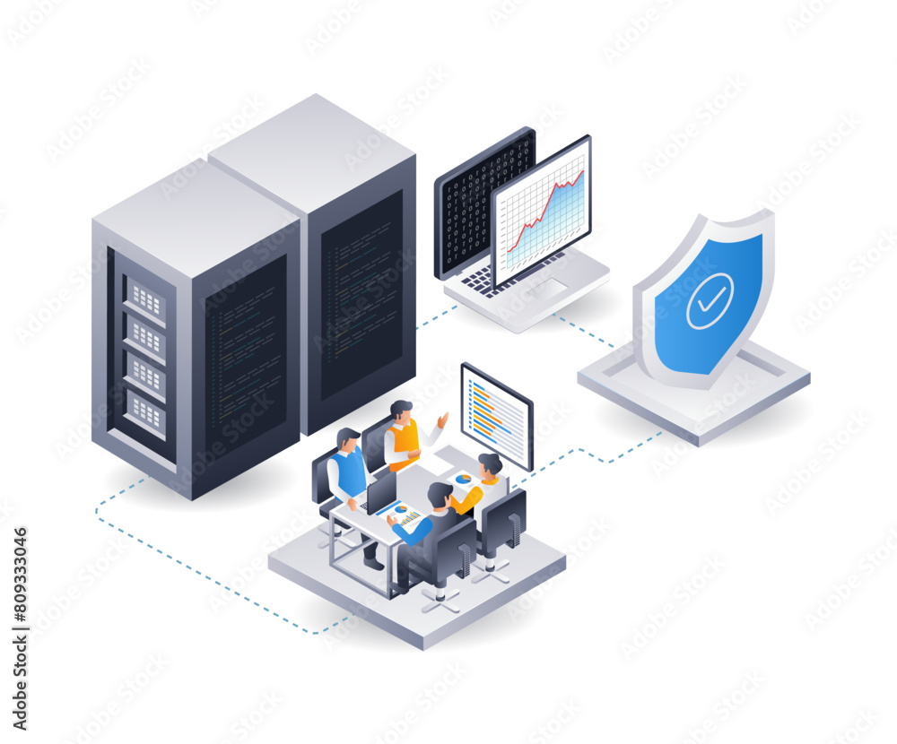 Leinwandbilder developer team analyzing cloud server security data, isometric flat 3d illustration infographic