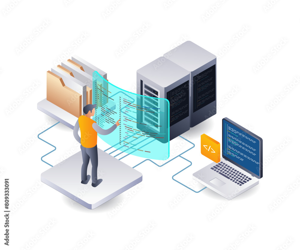 Poster Developer cloud data server hosting technology infographic illustration 3d flat isometric