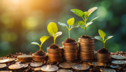 Green plants sprout from coins, symbolizing financial growth and investment in the future