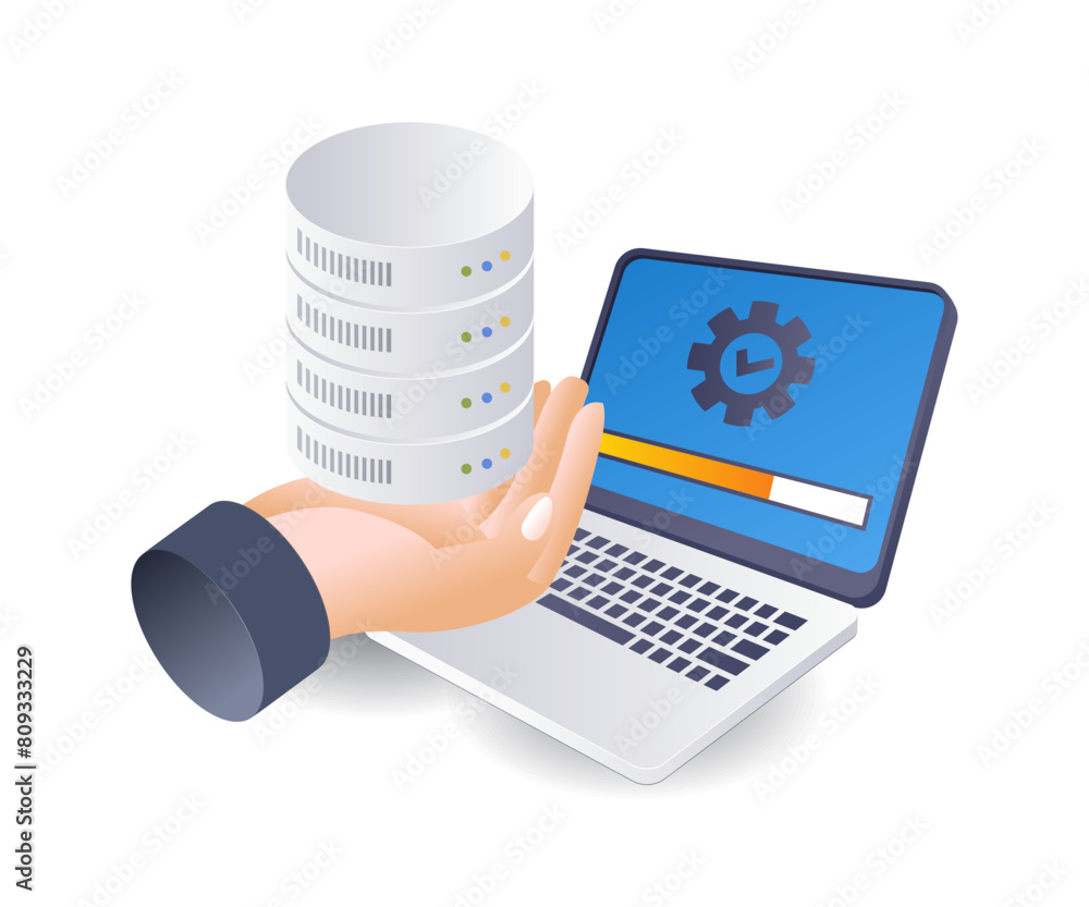 Poster desktop computer server infographic 3d illustration flat isometric