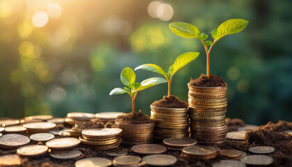 Green plants sprout from coins, symbolizing financial growth and investment in the future