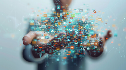  Machine learning, Hands of robot and human touching on big data network connection intelligence technology, innovation of futuristic.