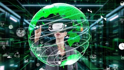 Woman selecting data dynamic market rotating green world distributing analysis by VR future global innovation interface digital infographic network technology virtual hologram animation. Contraption.
