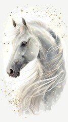 Cute white horse with long mane in profile view, hanging stars in the sky.