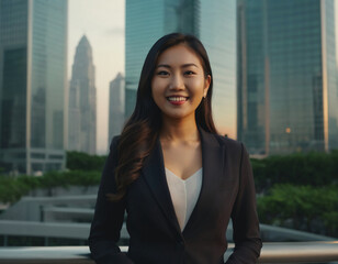 portrait of a successful rich asian businesswoman in front of skyscrapers 
