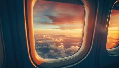 Naklejka premium Airplane window. Mountain and clouds view travel trip vacation flight sunset