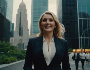Fototapeta premium portrait of a successful rich white businesswoman in front of skyscrapers