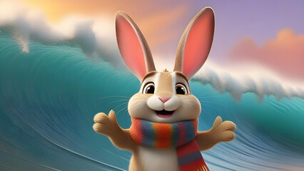 Cute bunny rabbit cartoon character surfing illustration. Cool bunny wearing a scarf.